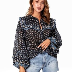 Free People Peasant Sleeve Ruffle Blouse Button Down XS